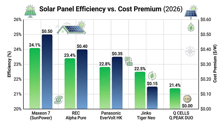 Bar chart comparing efficiency percentage and cost premium per watt for five top solar panel brands in 2026