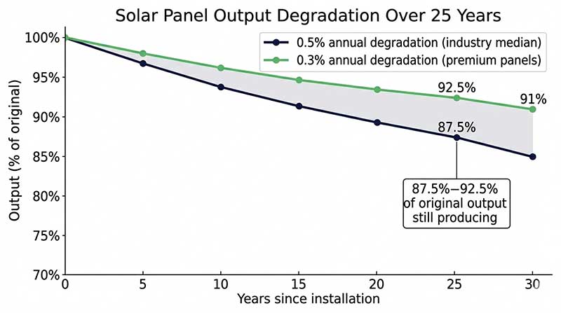 Line chart showing solar panel output percentage declining from 100% to about 87.5% over 25 years at two degradation rates