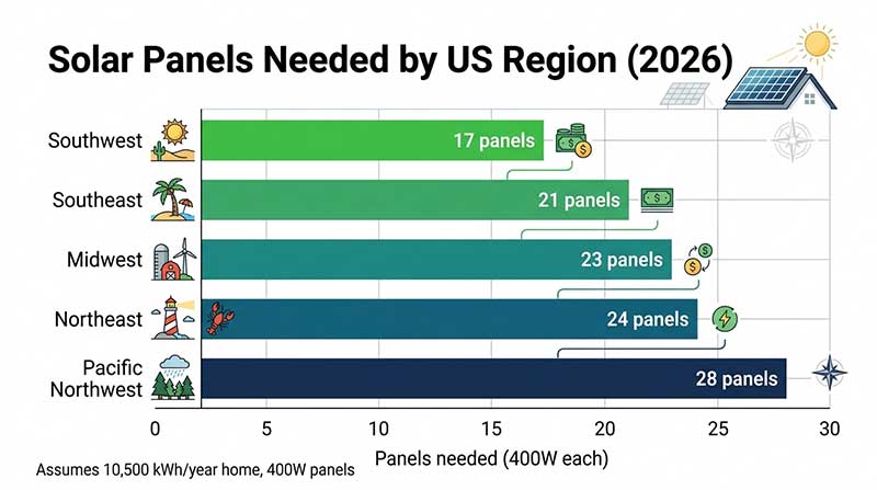 Horizontal bar chart showing average number of 400W solar panels needed for a typical home across five US regions