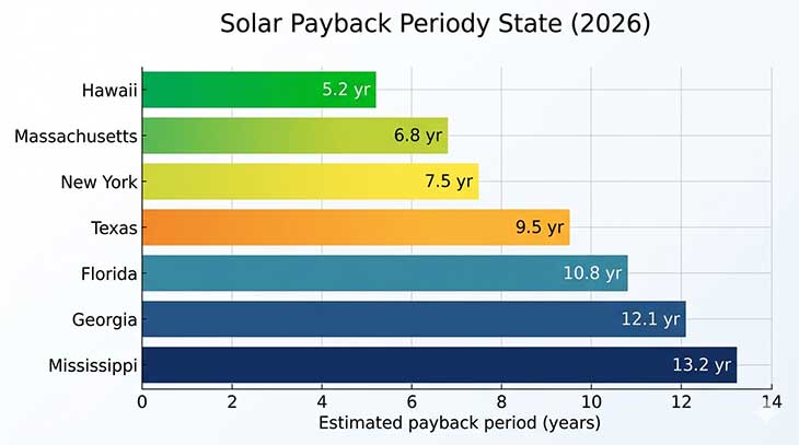 Horizontal bar chart comparing solar payback periods in Mississippi and six other US states