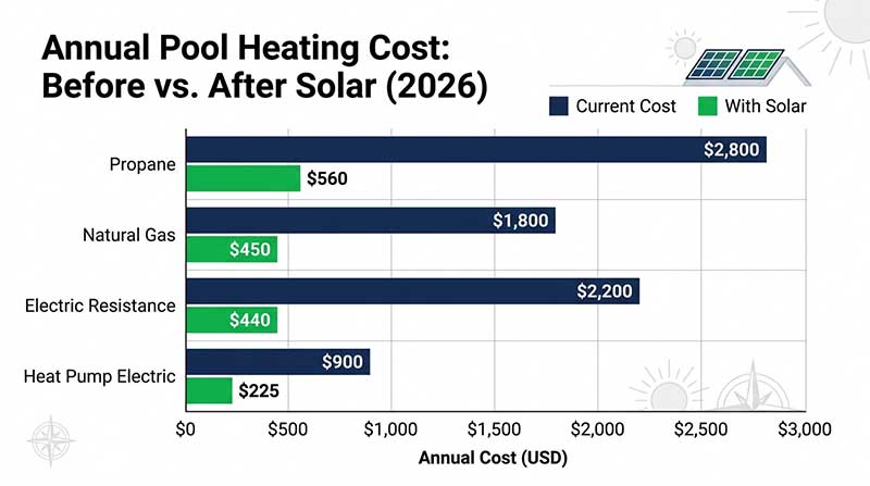 Horizontal bar chart comparing annual pool heating costs before and after solar installation by fuel type