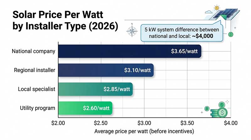 Horizontal bar chart comparing average solar price per watt across four installer types in 2026