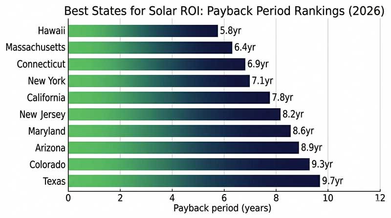 Horizontal bar chart showing solar payback period in years for top 10 US states in 2026