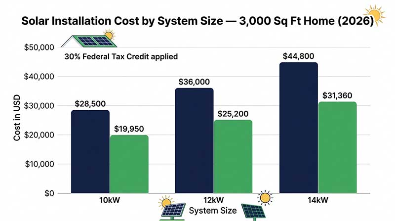 Bar chart showing total solar installation cost for 10kW, 12kW, and 14kW systems before and after federal tax credit