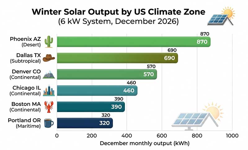 Horizontal bar chart comparing December monthly solar output in kWh for six US cities