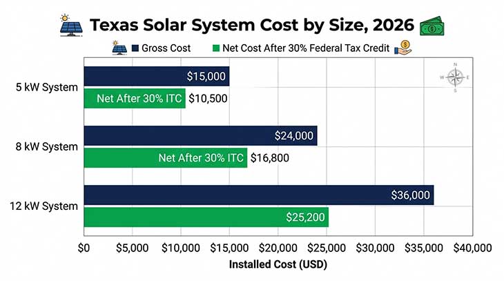 Bar chart showing Texas residential solar system costs by system size in 2026, from 5 kW to 12 kW, before and after the 30% federal tax credit