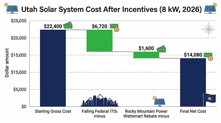Waterfall chart showing Utah 8 kW solar system cost after federal tax credit and Rocky Mountain Power rebate