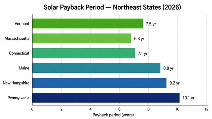 Horizontal bar chart comparing average solar payback periods in years for six Northeast US states