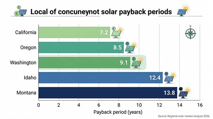 Horizontal bar chart comparing solar payback period in years for Washington, Oregon, California, Idaho, and Montana