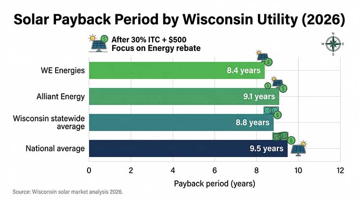 Horizontal bar chart comparing solar payback period in years for WE Energies, Alliant Energy, Wisconsin average, and national average