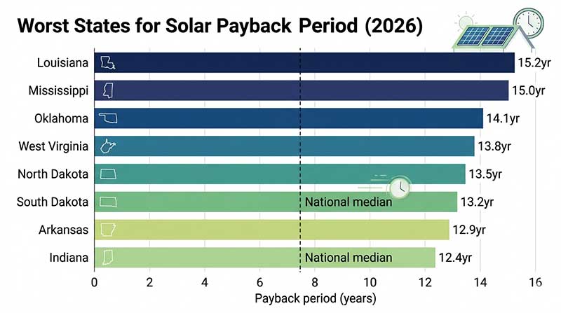 Horizontal bar chart comparing solar payback periods in years for 8 worst-performing US states