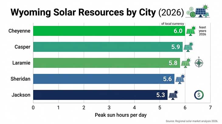 Horizontal bar chart showing average peak sun hours per day for five Wyoming cities in 2026
