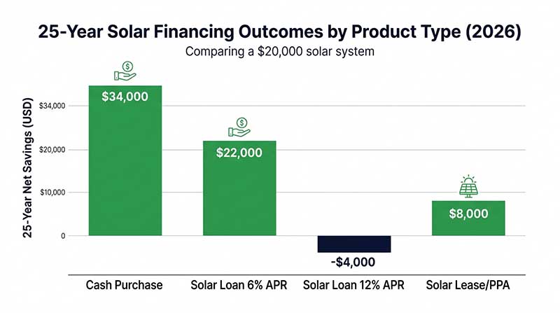 Bar chart comparing 25-year net savings for cash purchase, solar loan at 6%, solar loan at 12%, and solar lease or PPA